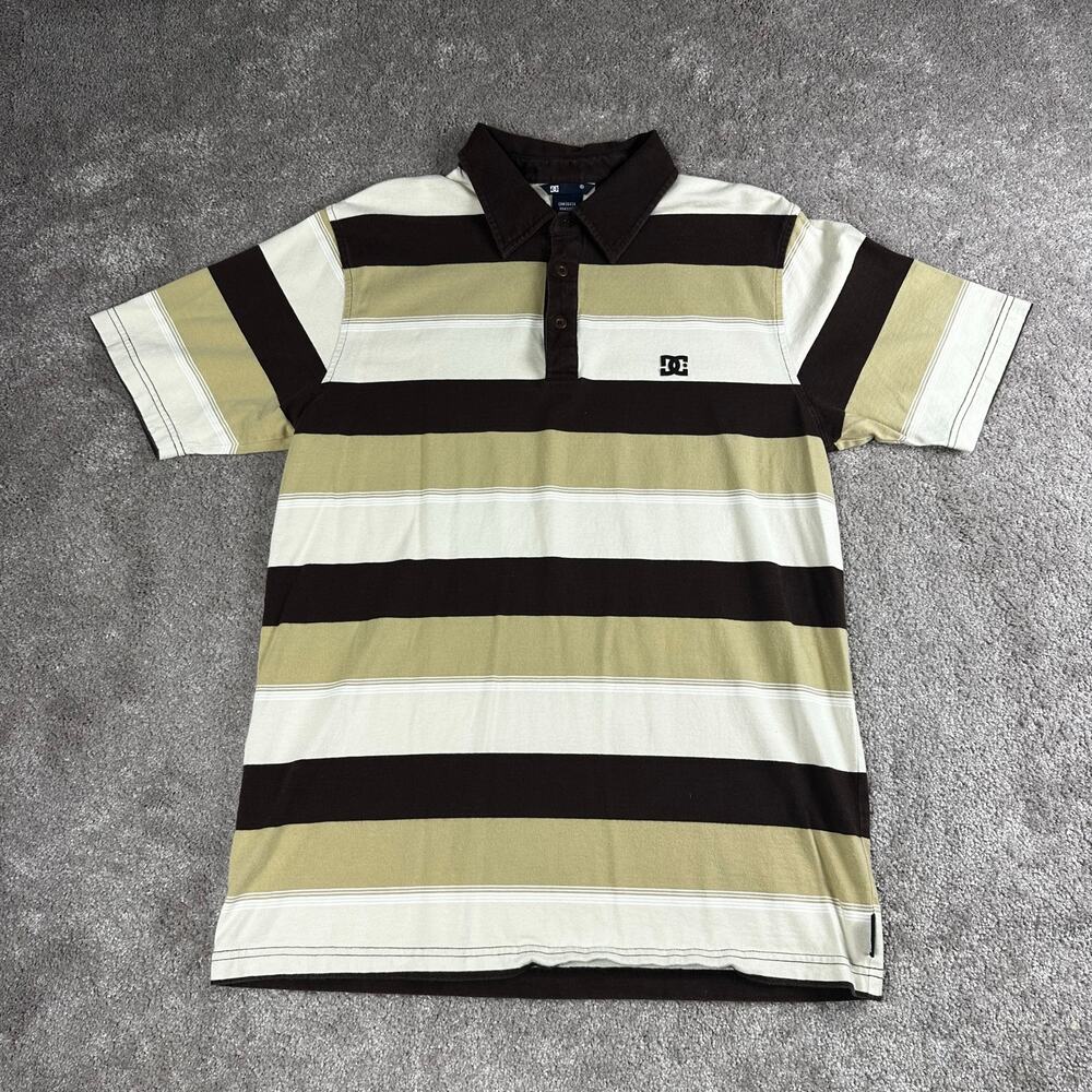 Vtg DC Shoe Horizontal Stripe Brown Short Sleeve Polo Shirt Size L Skate y2k